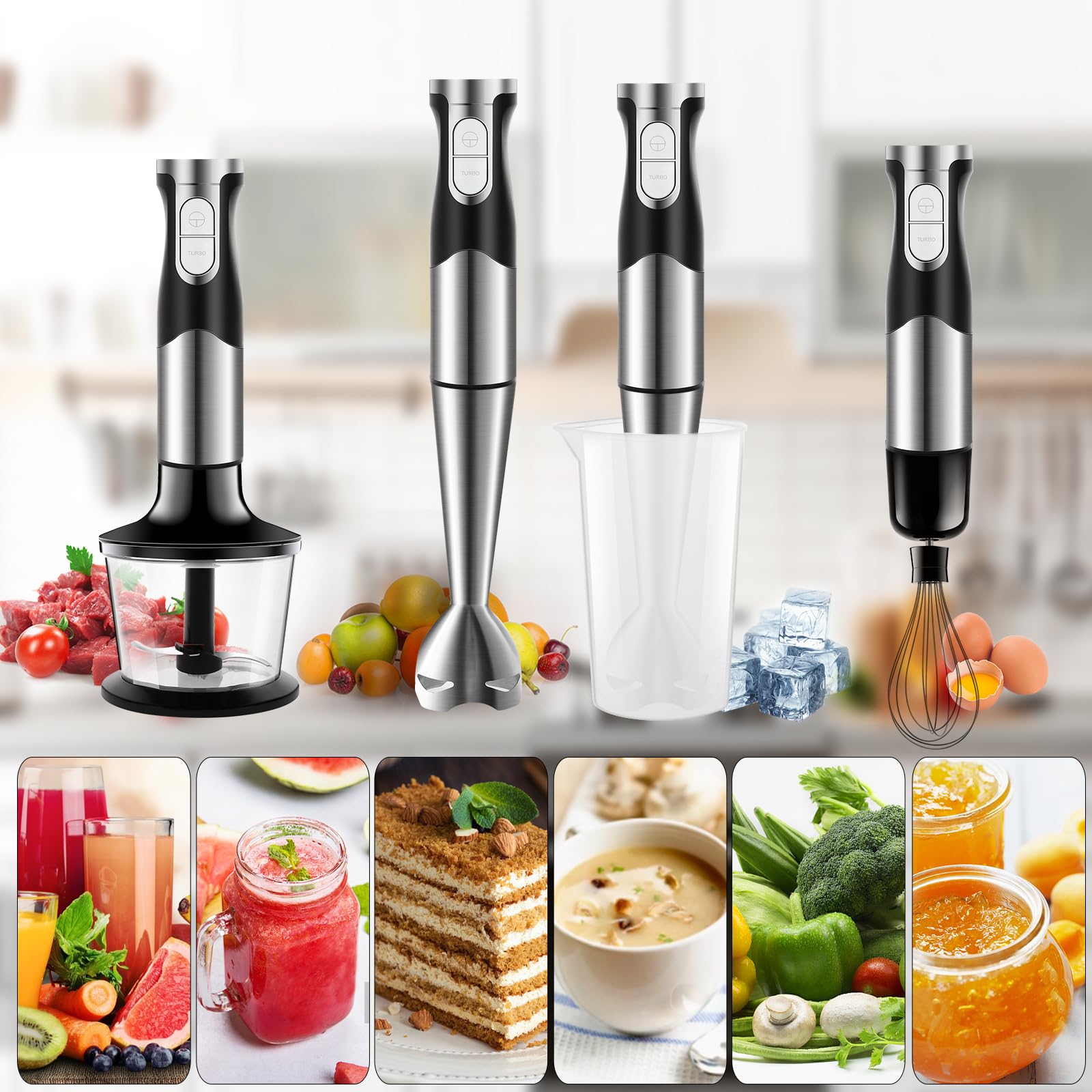 Stabmixer Set 6 in 1 Edelstahl 1200W für Babynahrung Salate Suppen Gemüse 5