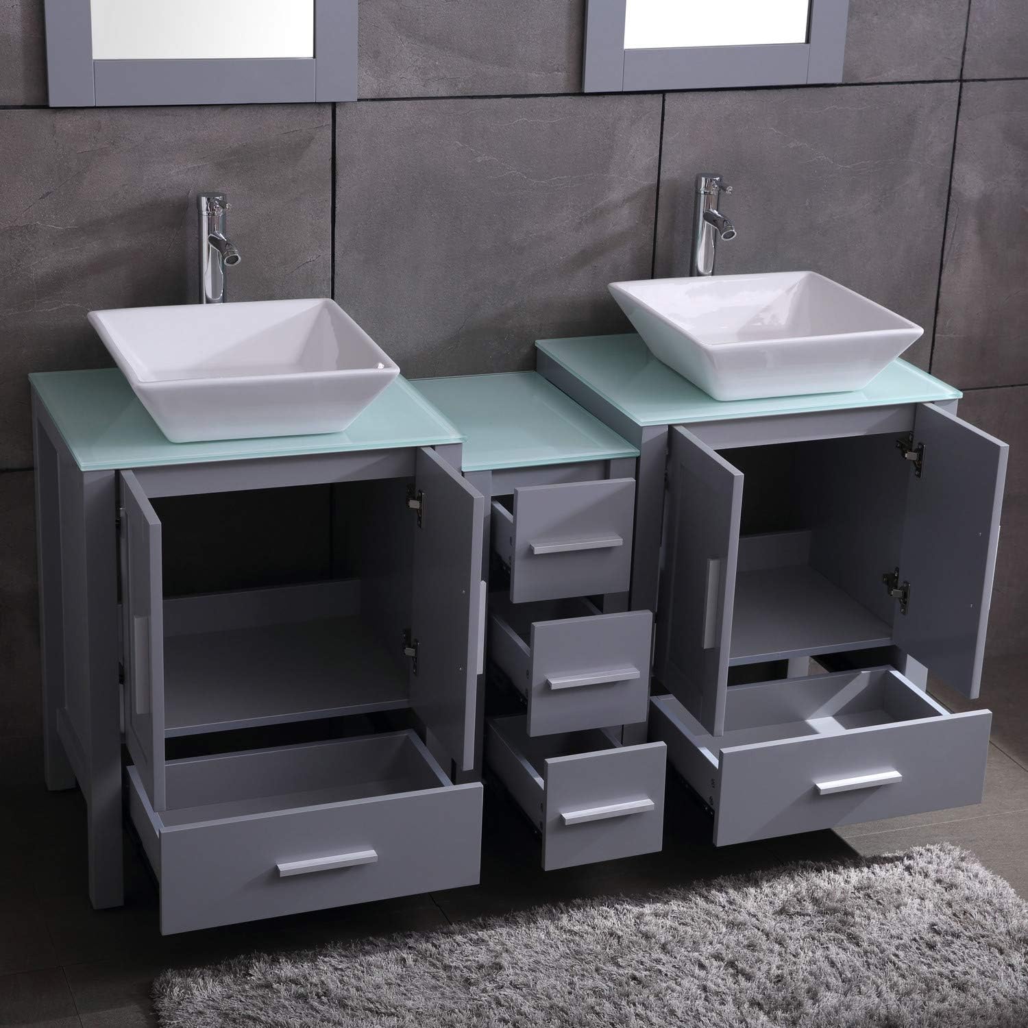 60 Bathroom Vanity Set Double Top Vessel Sink Gray Cabinet W Miirors Faucets Drains
