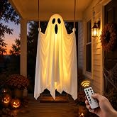 ZHOSXRC Swinging Ghost Outdoor Decor,Hanging Halloween Ghost Decoration (B) | Up to 63" Large Ghost Swinging on Swing with LED Lights &amp; Remote Control,Maximum Load Capacity 220lbs,Yard Patio Porch Decor