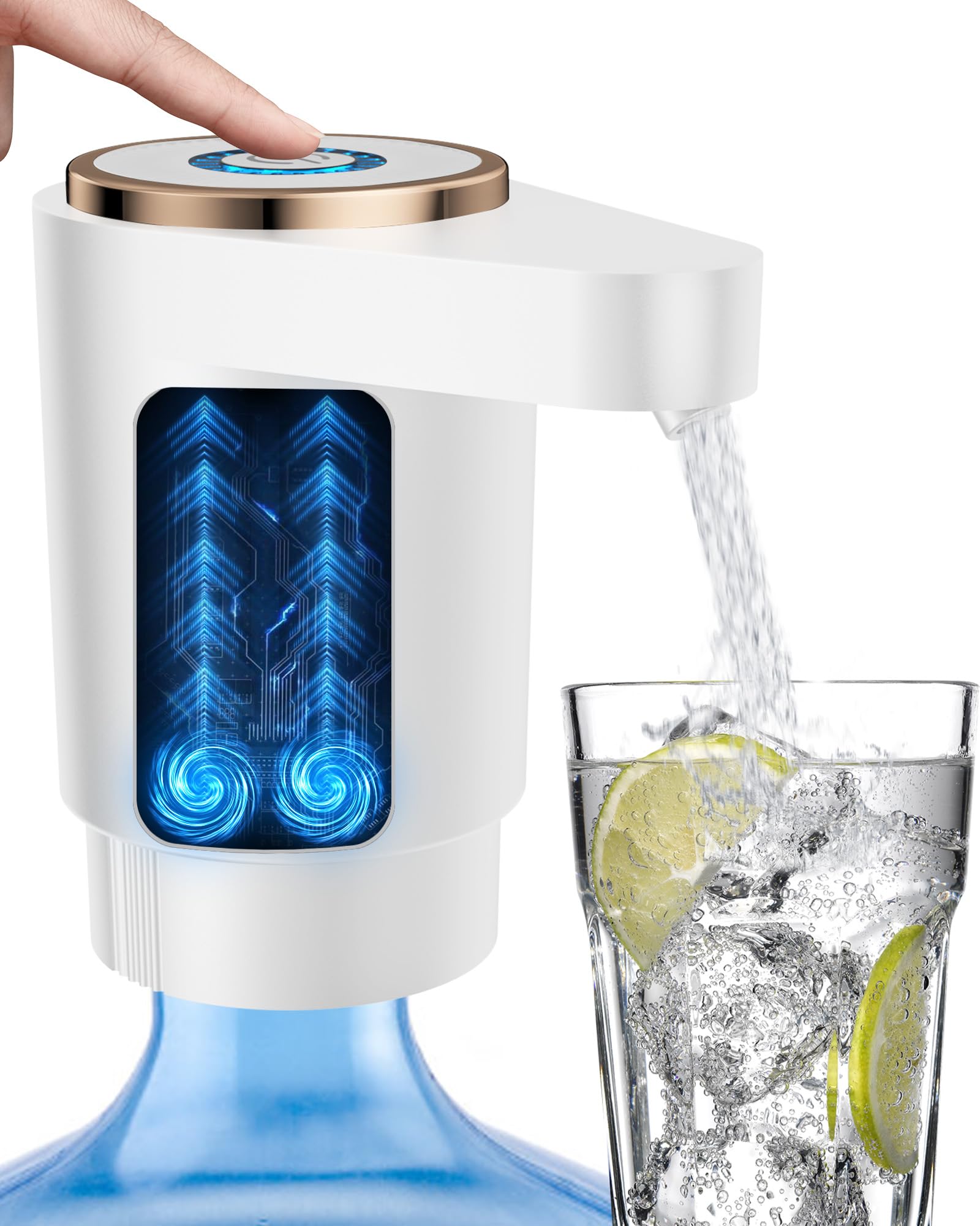 Cozycharm Water Jug Pump for 5 Gallon Bottle – Portable Electric USB-C Charging Dispenser, Dual Powerful Motors, Fast Flow, Fits 2-5 Gallon Jugs – Ideal for Home, Office, Camping, RV, White