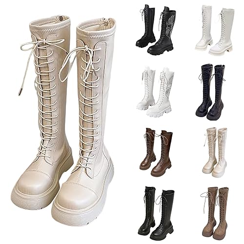 lace up boots Wide Calf Knee High Boots Knee High Boot For Women Round Toe Platform Chunky Heel Walking Booties Soft Lace Up Shoes With Zipper Riding Combat Boot Winter Outdoor Booties Beige 5
