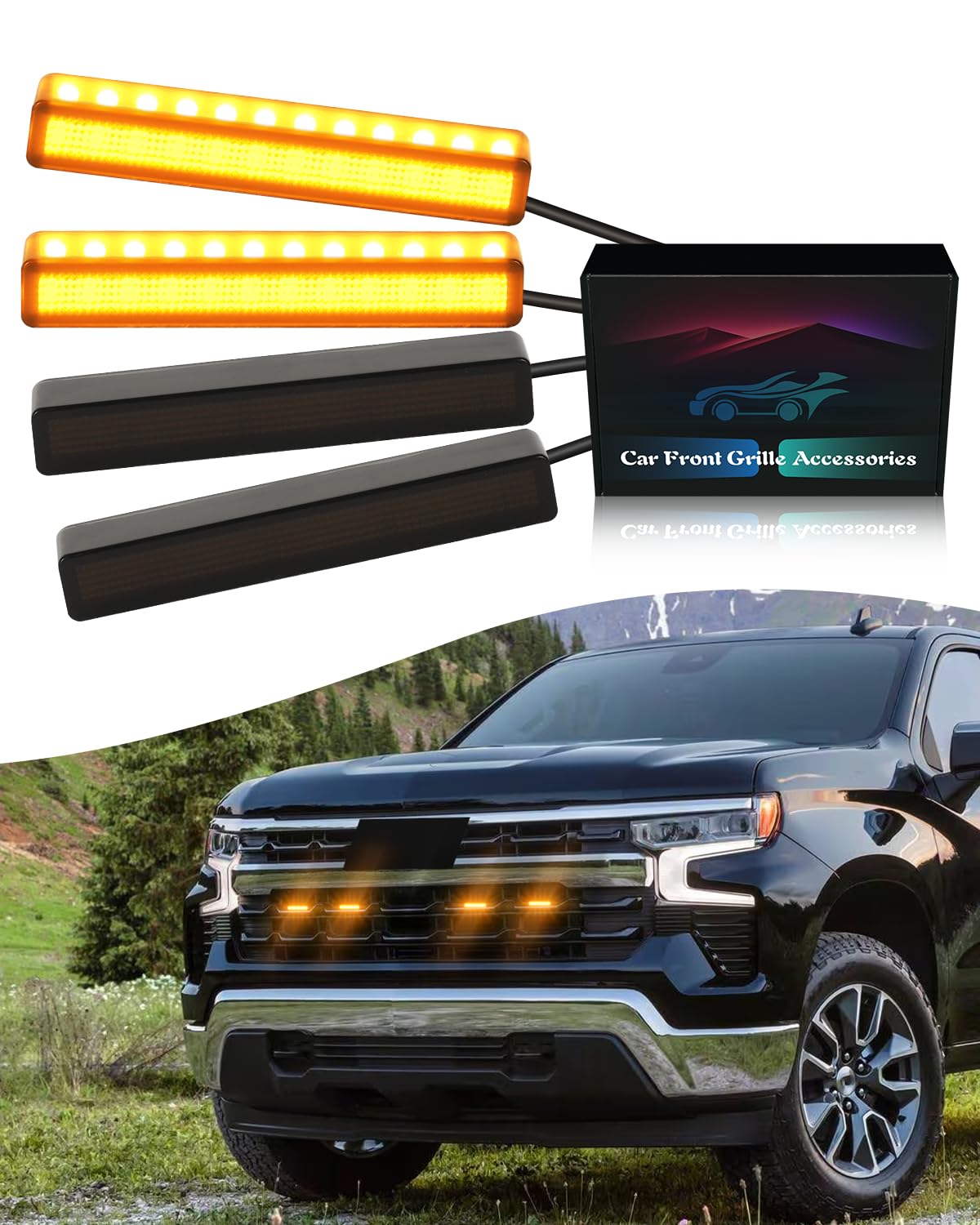 thumbnail image 2 of Sidi LED Grill Light Kit For 2019-2024 Chevrolet Silverado 1500 2500 3500 - Amber/Yellow Raptor Style 2 of 6