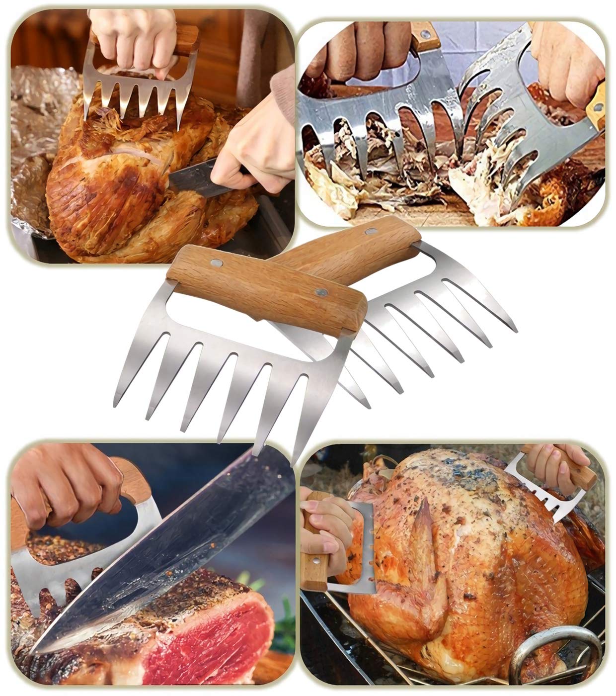 Metal Pulled Meat Shredder Claws,Stainless Steel BBC Meat Carving Forks with Wooden Handle, Meat Handling Claws, Meat Shredders for Shredding, Pulling, Handing, Lifting and Carving Meat (2Pcs)