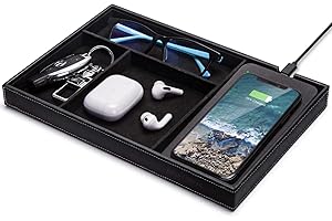 WIRELESS FUTURE CHARGER Valet Tray, Built in Wireless Charging Pad, Nightstand Organizer, Dresser Organizer, Mens Jewelry Box, Valet Charging Station, Faux Leather Valet Tray for Men and Women, (Black)