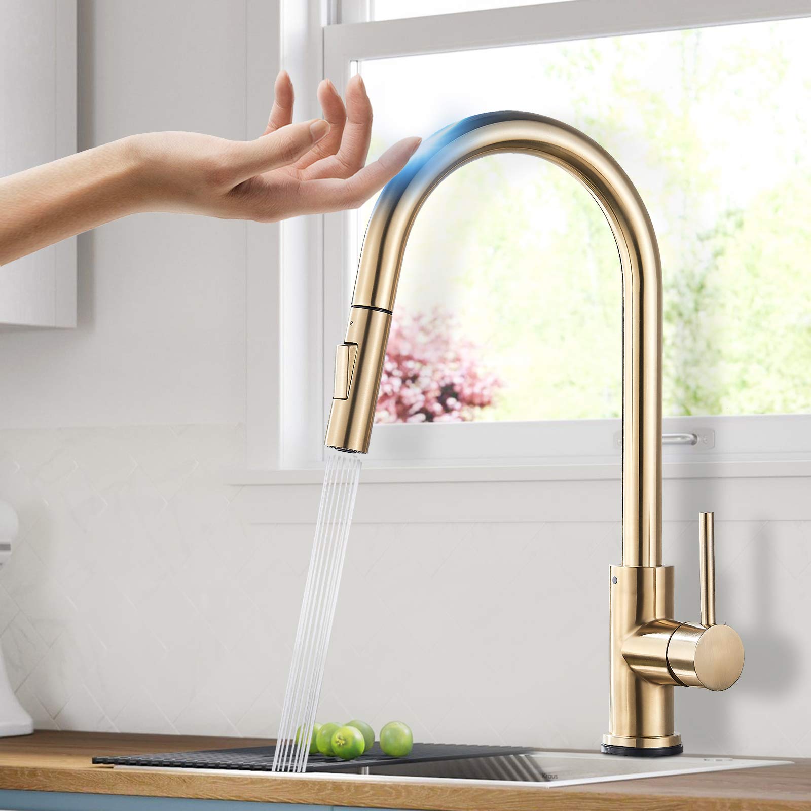SUGU Touchless Kitchen Sink Tap Single Handle High Arc Pull Out Pull Down Kitchen Mixer Tap Touch Sensor 2 Water Modes Modern Water Faucet,Brushed Gold