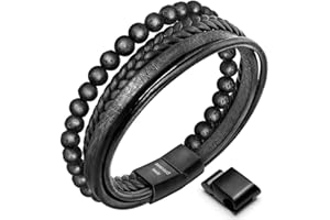 Speroto New Mens Bracelet Bead and Leather Braided, Lava and Onyx Bead Leather Bracelet for Men