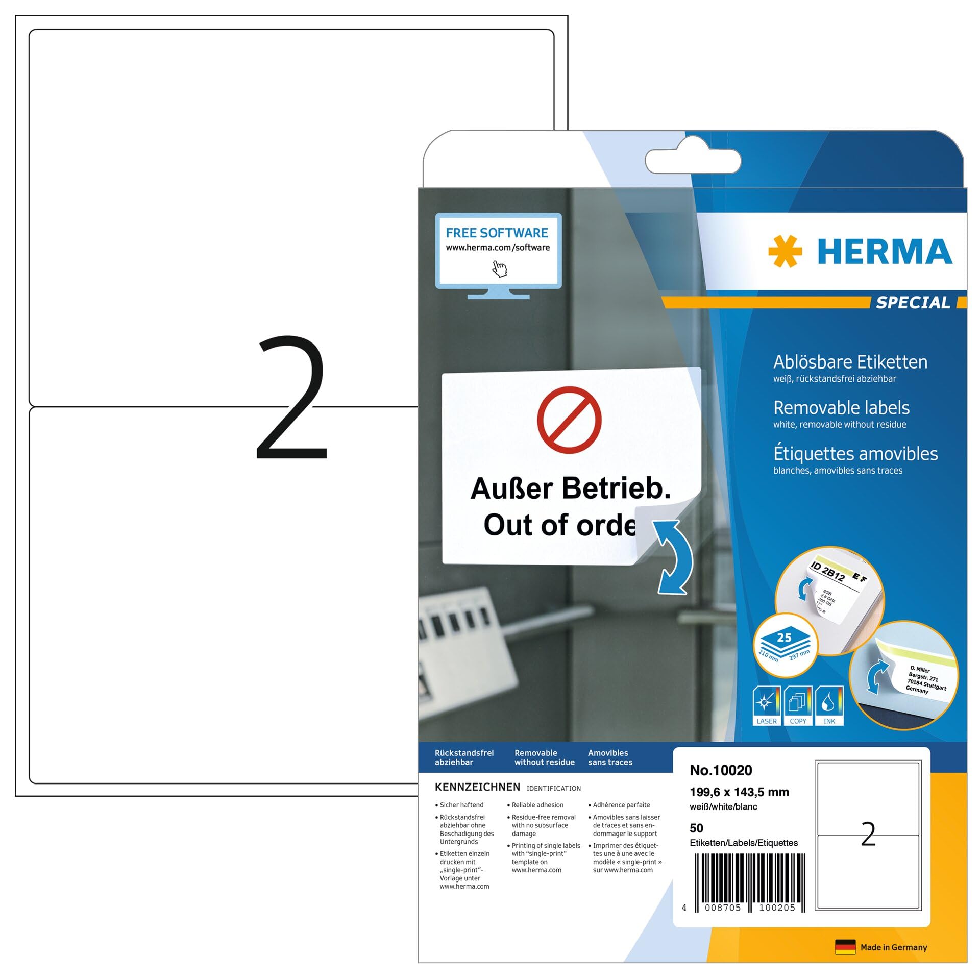 Herma Movables white labels, 199.6x143.5mm label size, PACK of 50 labels