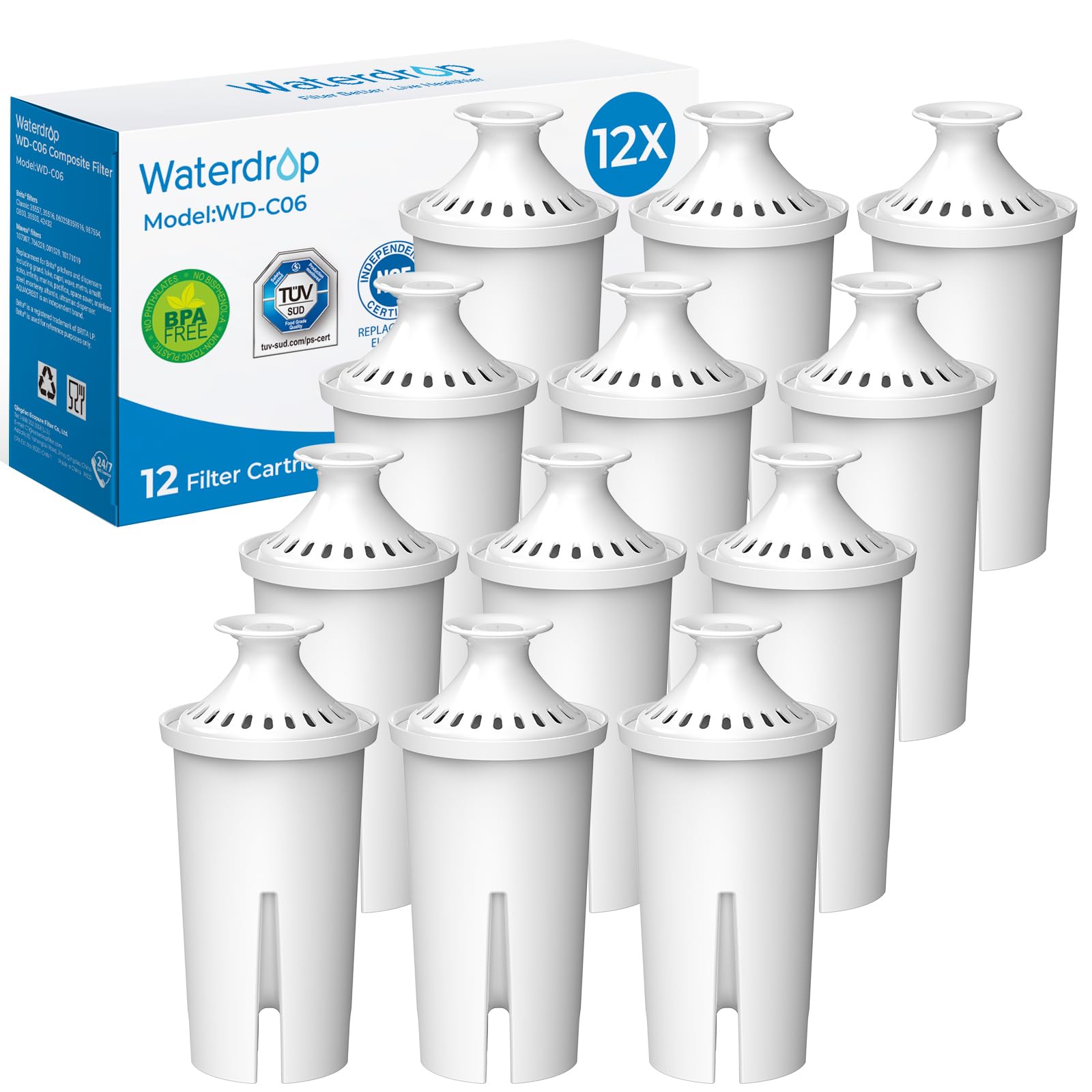 Waterdrop Water Filter Cartridge Replacement for Brita® Filters, Pitchers, Dispensers, NSF Certified Pitcher Water Filter, Brita® Classic OB03, Mavea® 107007, 35557, and More, (12), Package May Vary