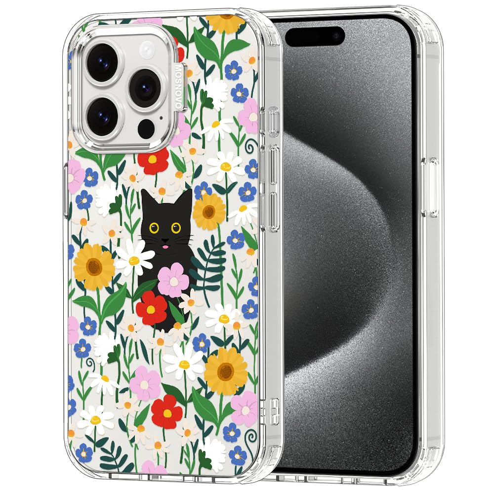 MOSNOVO Case for iPhone 15 Pro Max, [Buffertech 6.6ft Military-Grade Drop Protection] [Anti Peel Off Tech] Clear TPU Bumper Phone Case Cover Design - Black Cat in Garden — image 1