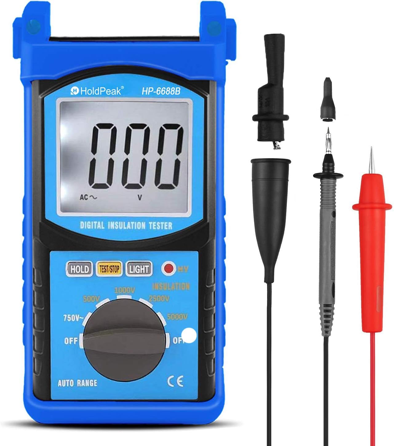 Holdpeak Digital Insulation Resistance Tester HP-6688B, AC Voltage Tester 5000V, Insulation Resistance 200G Ohms, Auto Range, Data Hold, Backlight & HV Red Indication Lamp Light (Battery Included)