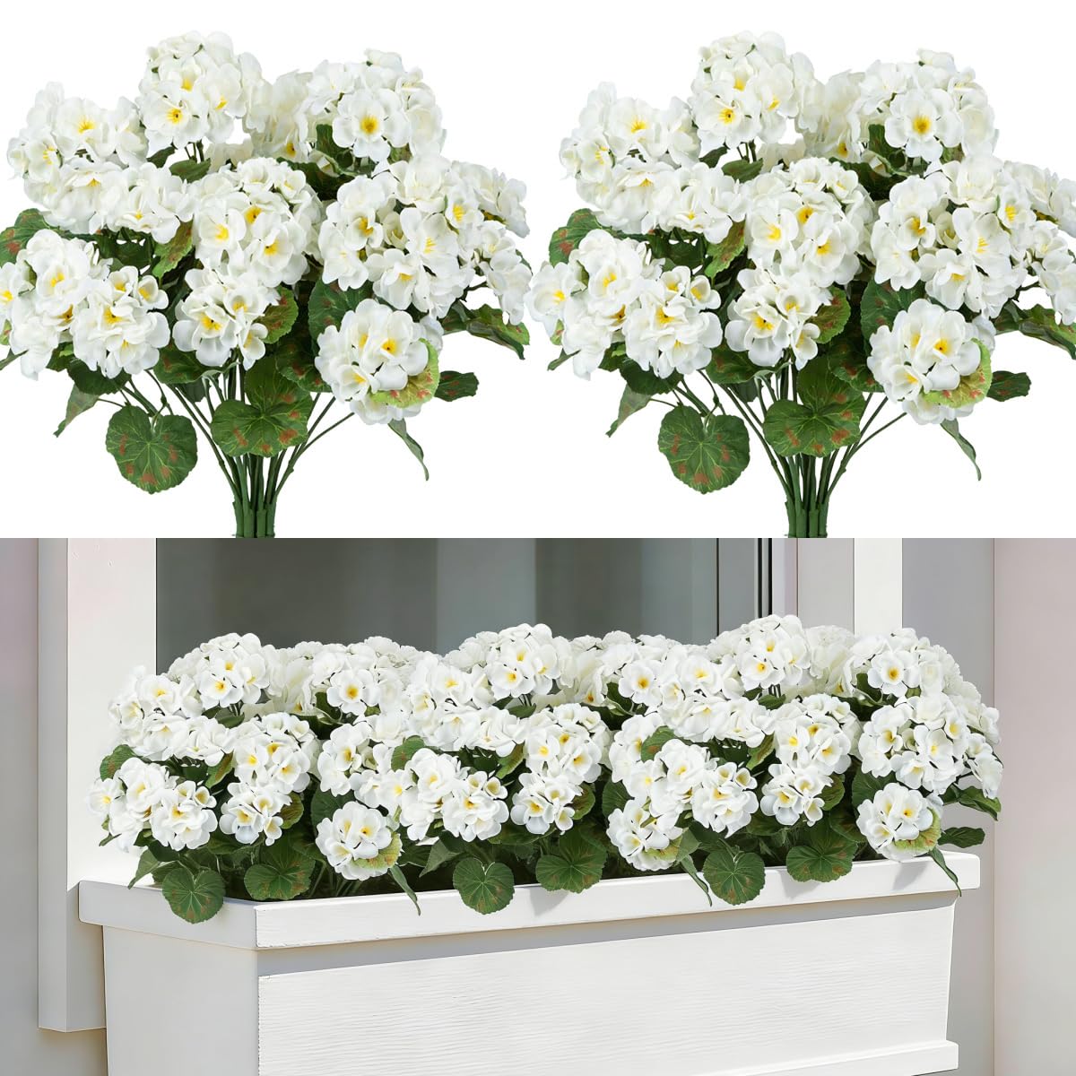 Laelfe 4 Bundles White Artificial Geraniums for Outdoors, Fake Geraniums Silk Faux Geraniums Flowers for Outdoor Indoor Home Table Window Box Gardens Balcony Patio Porch Decor (White)