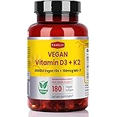 FAMILI+ 180 Days Vegan Vitamin D3+K2 Softgel with Coconut MCT Oil | 2000IU Plant Source Vitamin D3 + 100 mcg Vitamin K2 MK-7 | for Bone, Muscel, Immune, Teeth & Heart Health | 100% Vegan no-Gelatin