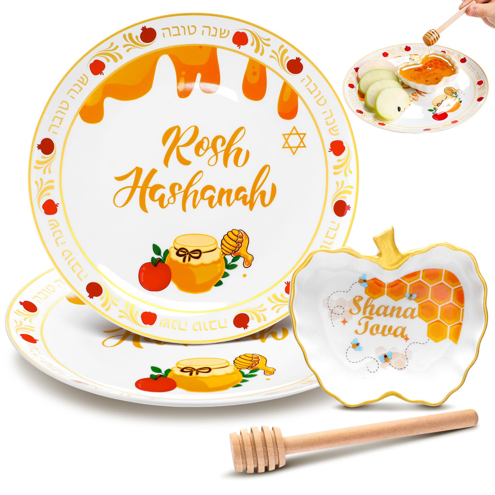 Photo 1 of 3 Pcs Rosh anah Ceramic Honey Dish Set Decorations Shana Tova Ceramic Apple and Honey Plate with Dish Wooden Dipper Jewish New Year Hostess Party Favors Kitchen Accessories Table Decorations