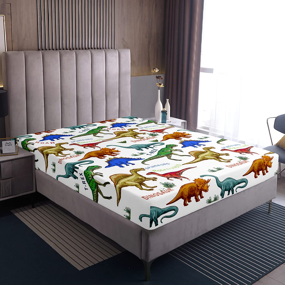 Loussiesd Dinosaur World Fitted Sheet 100% Microfiber Breathable Junior/Toddler/Cot Only Bedsheet No Pillowcases Fitted Sheets Luxury King(150x200+30cm)