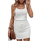 RoseSeek Women's Waffle Knit Belted Tank A Line High Waisted Dresses Square Neck Sleeveless Summer Short Dress