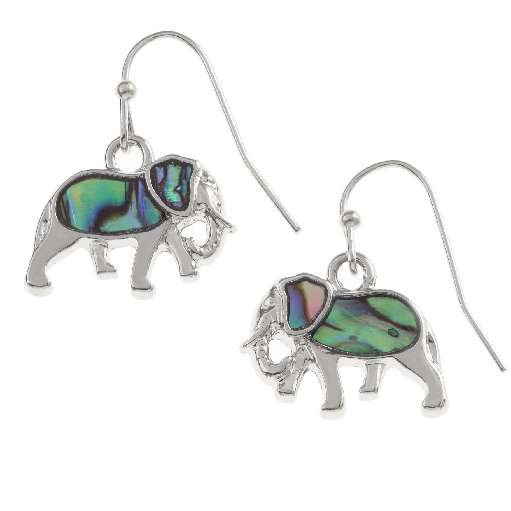 Kiara Jewellery Elephant Earrings Inlaid With Natural greenish blue Paua Abalone Shell. Hypoallergenic Non Tarnish Silver Colour Rhodium plated.