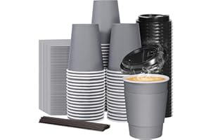 Huifany Coffee Cups with Lids 12 oz 60 Pack, Disposable Coffee Cups 12oz Hot Cups with Lids, Reusable Togo Coffee Cups with Lids and Straws for Cold/Hot Beverage, Tea, Chocolate, Cocoa.