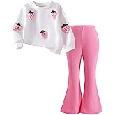 Arlubiya Girls 2 Piece Outfits 3D Strawberry Round Neck Long Sleeve Top+Solid Color Flared Pants Outfits Set Size 4-8 Years