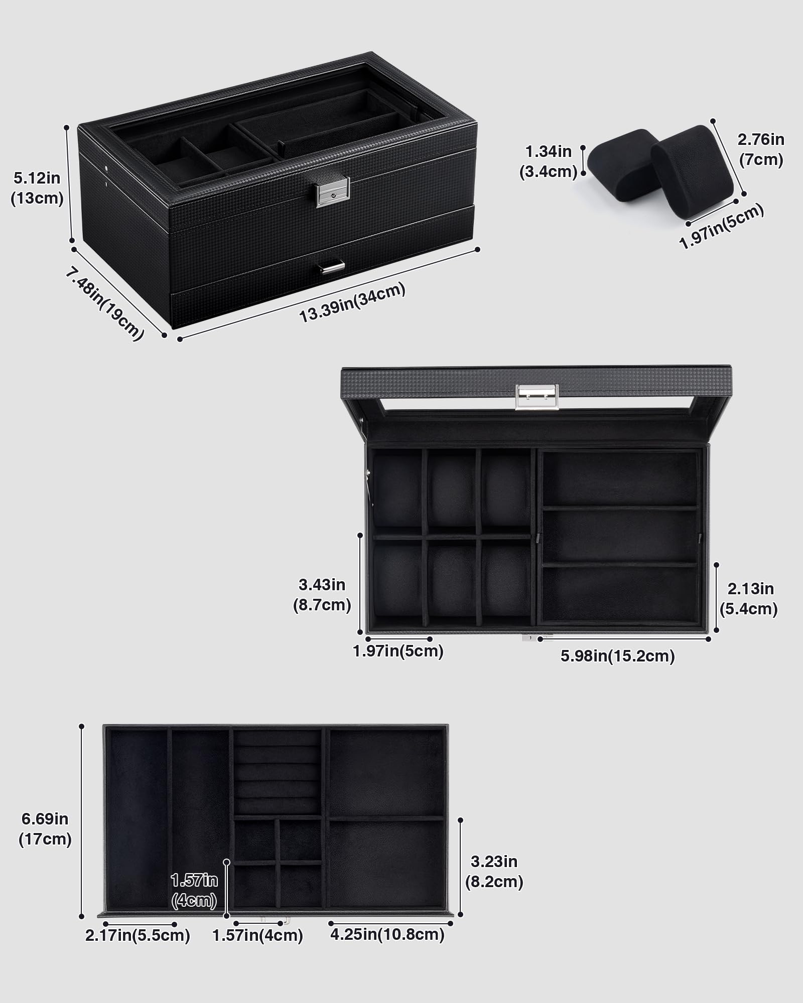 ProCase ProCase Mens Jewelry Box, Lockable 6 Slot Watch Case & 3 Slot Sunglasses Organizer, 2-layer Mens Jewelry Organizer Watch Box for Men, Watches Holder Display Storage Birthday Christmas Gifts -AllBlack