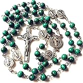 elegantmedical HANDMADE UNDOUBTED 6MM Green Malachite Jade Beads St. Benedict Rosary cross/crucifix Necklace Box Catholic Gift