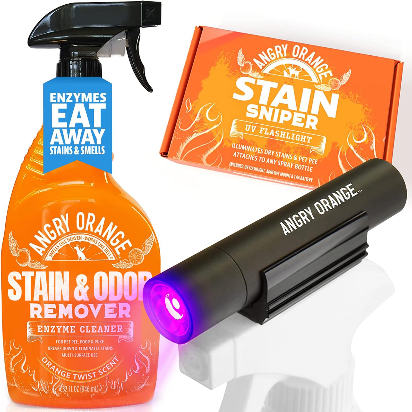 Photo 1 of ANGRY ORANGE Pet Stain & Odor Remover Kit for Dog Urine - Enzyme Cleaner - Citrus - 32 oz + UV Flashlight