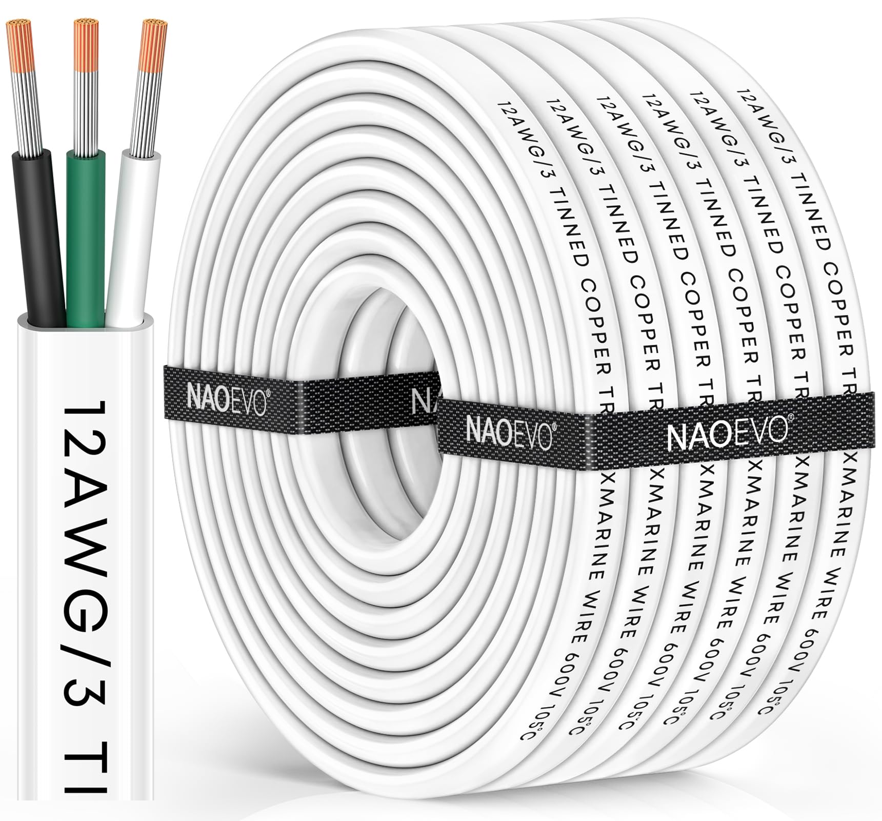Photo 1 of NAOEVO 12 Gauge Marine Wire, 12/3 Triplex Marine Electrical Cable, Waterproof/Insulated PVC/Oxygen-Free Tinned Copper 12 AWG Wire for Boat, Automotive, RV, Solar, LED, Trolling Motor (30FT)