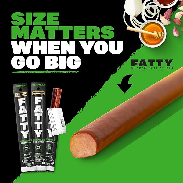 FATTY MEAT STICKS, MADE WITH GRASS FED BEEF, PORK RAISED WITHOUT ANTIBIOTICS, 12G PROTEIN PER STICK, TERIYAKI, 2 OZ.