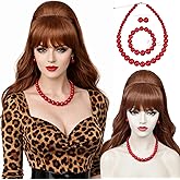 Wiggy Mermaid Beehive Wig Auburn + Necklace Earrings Bracelet Women 60s 70s Vintage Long Curly Bouffant Updo Victorian Fembot Wig 50s Costume Married Housewife Hair Wigs for Halloween Party + Cap