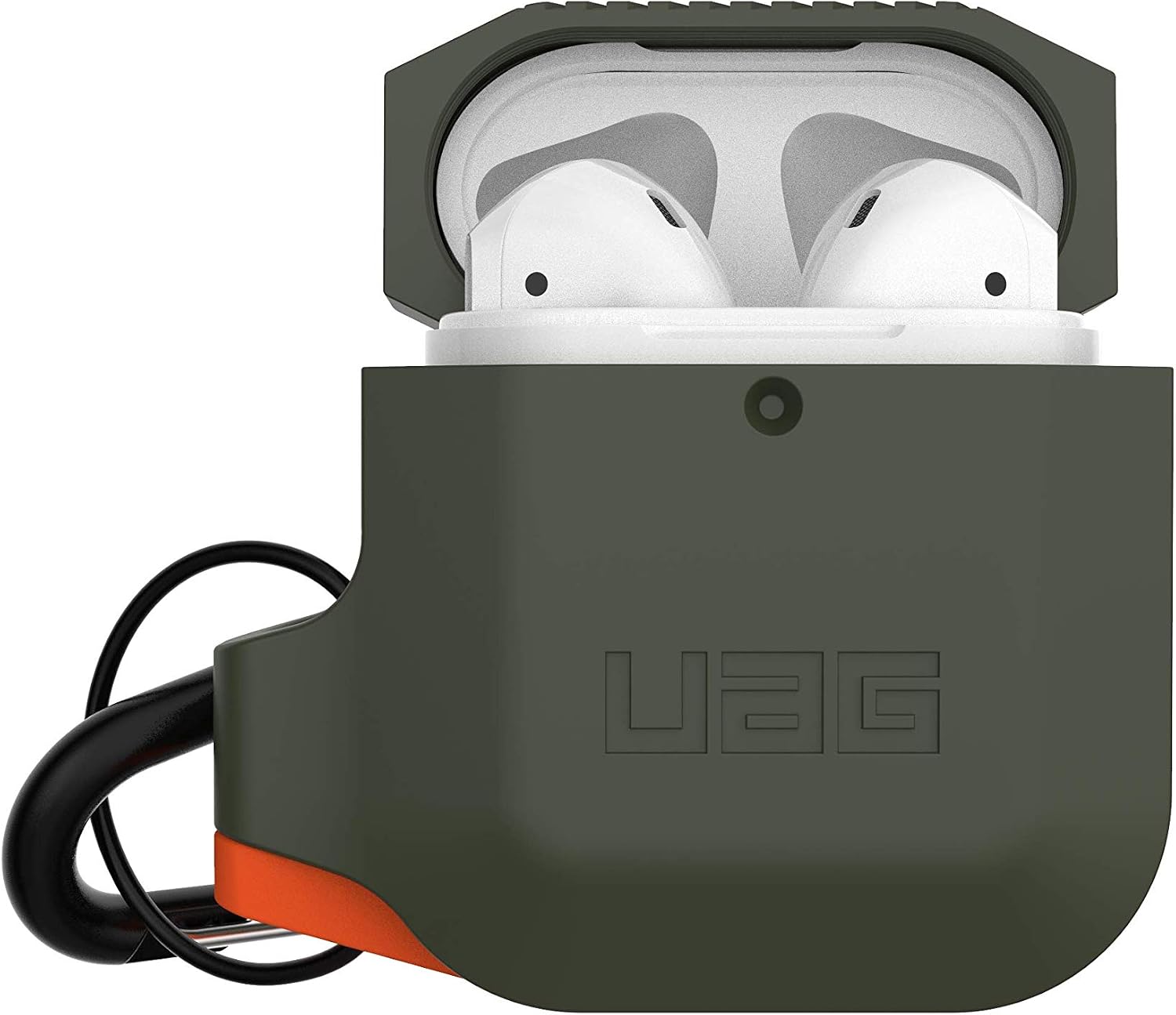 URBAN ARMOR GEAR UAG Compatible with AirPods (1st Gen & 2nd Gen), Full-Body Protective Rugged Water Resistant Soft-Touch Silicone Case with Detachable Carabiner, Olive Drab/Orange - Image 3