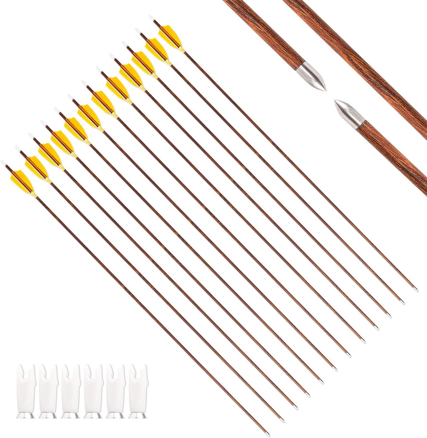 MS JUMPPER Carbon Arrows 700 Spine Wood Grain Shaft with Shield Feathers and Removable Tips for Archery Target Shooting (6 Pack)