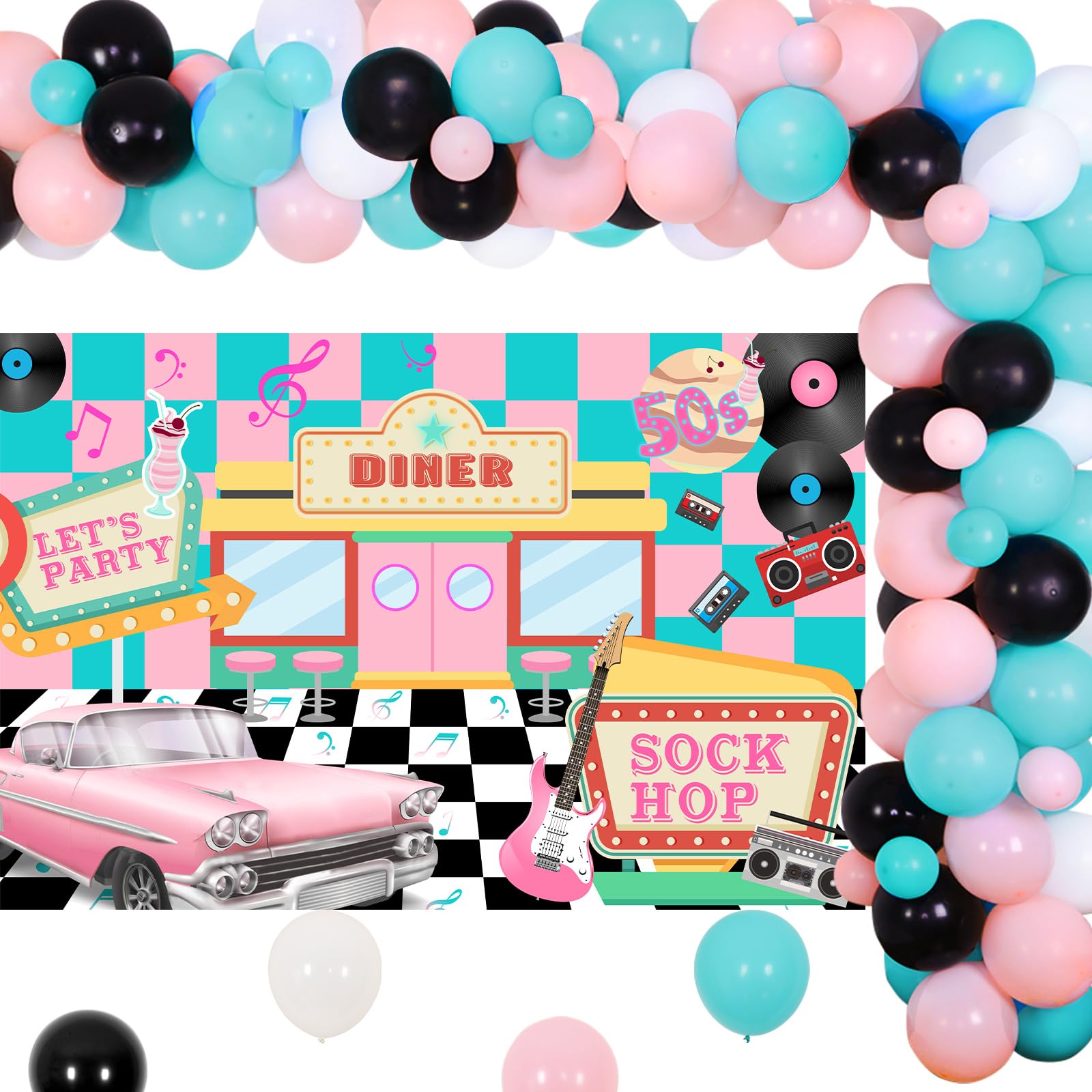 50s Theme Birthday Party Decorations - Sock Hop Diner Backdrop Banner,Teal Pink Balloons Arch Rock and Roll Background Photo Booth Props for 1950s Music Dance Retro Party Event Supplies