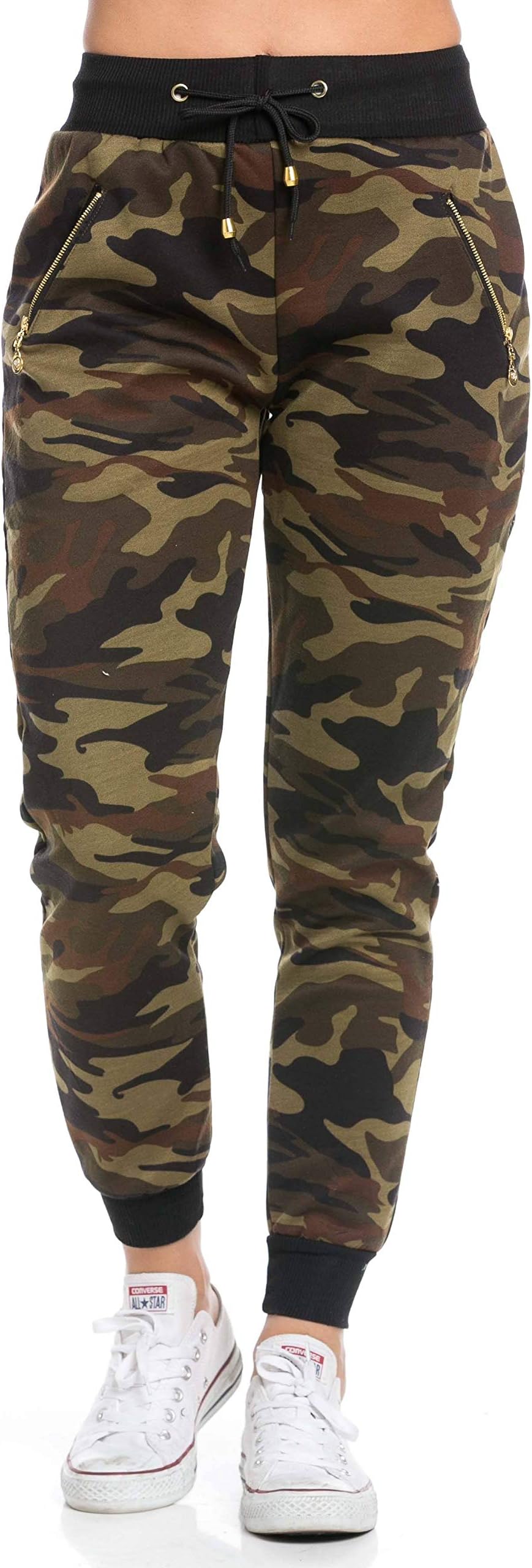 Zipper Detail Drawstring Camouflage Jogger Pants