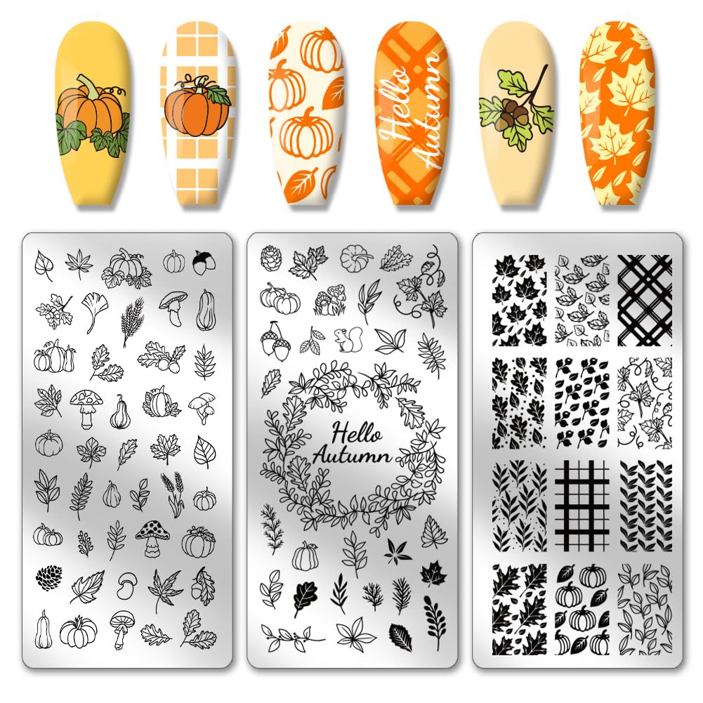 PH PandaHall Fall Thanksgiving Theme Nail Stamping Plate 88 Patterns Stainless Steel Nail Template 3PCS Leaves Pumpkins Plaid Autumn Blessing Nail Art Plate for Nail Art Design 12x6cm