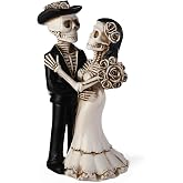 LemonRoad Day-of-the-Dead Couple Skeleton Figurines, Standing | Halloween Wedding Cake Topper, Skeleton Bride and Groom Figurine, Dia De Los Muertos Decorations, Gothic Resin Statues