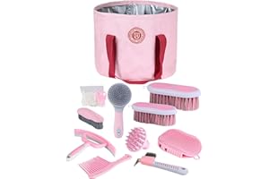 Harrison Howard Horse Grooming Kit 9-Piece Equine Care Series Horse Brush Sets with Organizer Tote Bag Pink