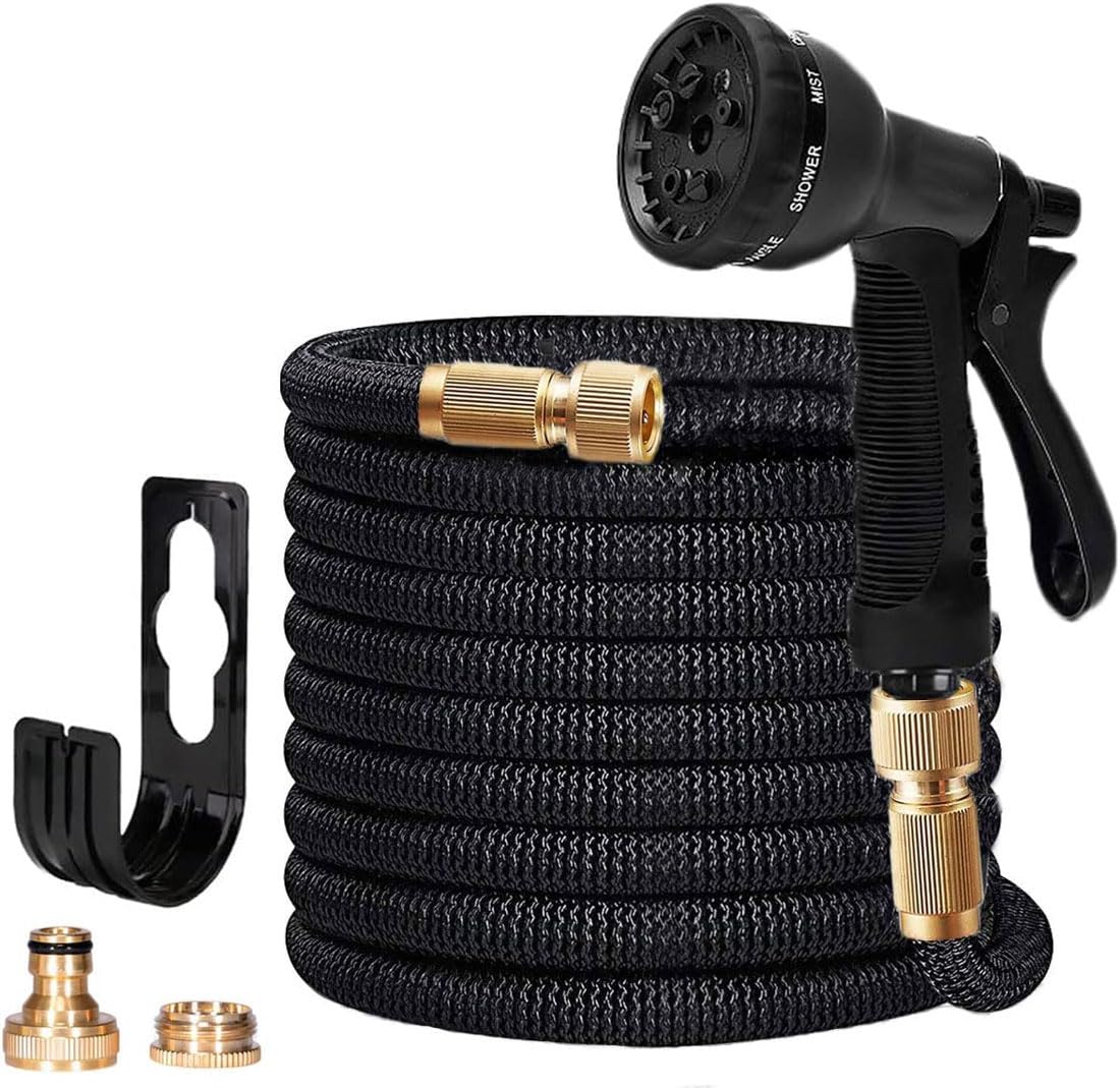 SILULCM 100FT Expanding Garden Hosepipe - Polyester Fabric Outer Layer Expands Up to 30 Metres with Solid Brass Connector for Home, Garden, Car Watering, Cleaning Yards and Showering Pets Best Gifts