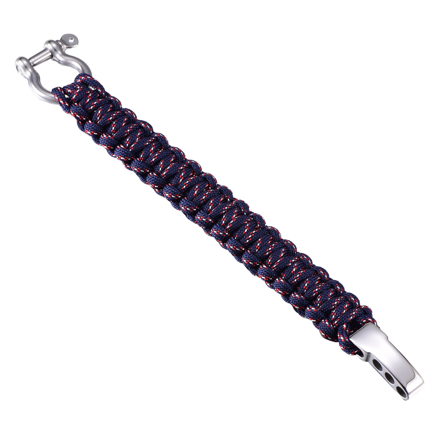 DonDon Men's Paracord Survival Bracelet Woven Outdoor Bracelet with Stainless Steel Fastening Dark Blue-red-White