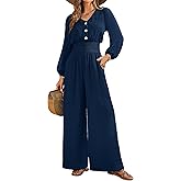 LOOKBOHO Womens Long Sleeve Jumpsuits 2026 Dressy Casual V Neck High Waist Wide Leg Romper Fall One Piece Outfits Navy XX-Large