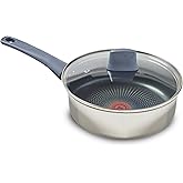T-fal Essentials Stainless Steel Saute Pan w/Non Stick Coating & Glass Lid, 3.5 Quart, All Cooktops Including Induction, Oven Safe 350F, Heat Indicator, Measuring Marks, Dishwasher Safe, Silver/Blue