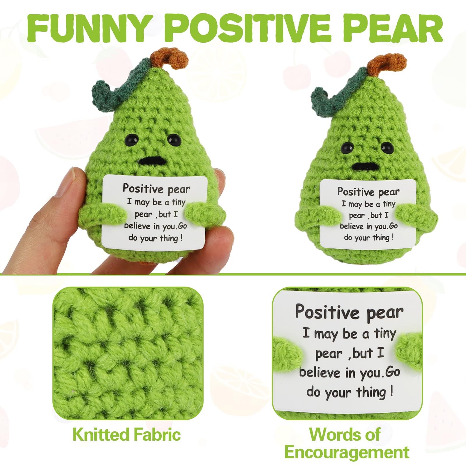 Hoedia Handmade Emotional Pickle Gift, Emotional Cucumber Crochet Doll Inspirational Gifts with Cards, Cute Knitted Funny Support Pickle Potato Friend Birthday (Positive Pear)