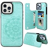 MMHUO for iPhone 15 Pro Max Case with Card Holder,Flower Magnetic Buttons Protective Wallet Case for Women for iPhone 15 Pro Max,Mint