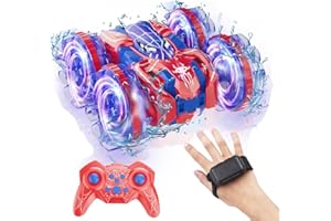 fygurso 4WD Waterproof RC Car, 2.4 GHz Land & Water Remote Control Car Remote Control Boat for kids, 360°Rotation RC Truck Stunt Cars with LED Lights, Boys Girls Gifts All Terrain Water Beach Pool Toy