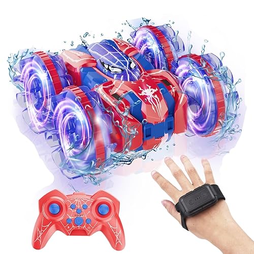 fygurso 4WD Waterproof Remote Control Car，Amphibious 2.4 GHz RC Cars Remote Control Boat，360°Rotation RC Stunt Car with LED Lights，Boys Girls Gifts All Terrain Water Beach Pool Toy (LY-016)