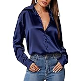 HOTOUCH Women Satin Silk Button Down Shirt Ladies Long Sleeve Tops V Neck Loose Blouse Dressy Business Casual Work Tunic Fall