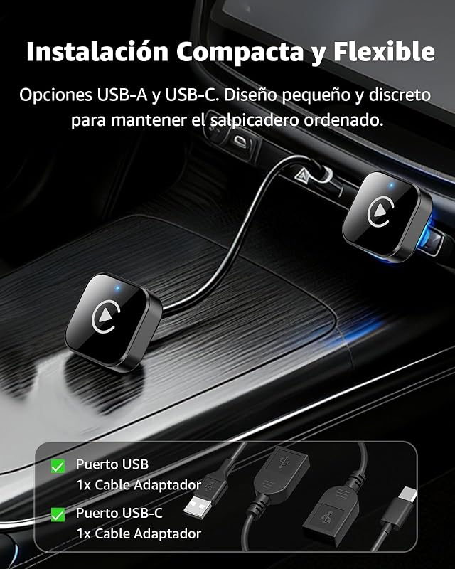 Adaptador CarPlay Inalámbrico y Android Auto, Mini Convertidor USB-A/USB-C Plug & Play, de Cable a Inalámbrico, WiFi 2.4GHz/5GHz, Conexión Automática, para Coches con CarPlay, Negro