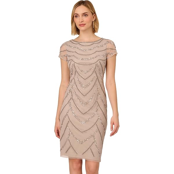 adrianna papell gunmetal beaded dress Adrianna Papell Platinum 40416 - Long Beaded Mesh A-line Dress