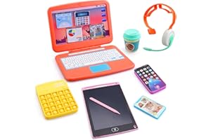 KUMDIYIT Pretend Play Home Office Set-Toy Kids Laptop,2 Cell Phones,LCD Writing Tablet,Pop Fidget Calculator,Headset & Beverage Cup for Toddlers(Ages 3+)-Work Simulation Play
