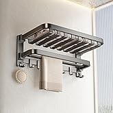 VOLPONE Bathroom Towel Rack with Double Towel Bar Foldable Towel Shelf Wall Mounted Towel Storage with Hooks No Assembly Required 24Inch Matte Grey