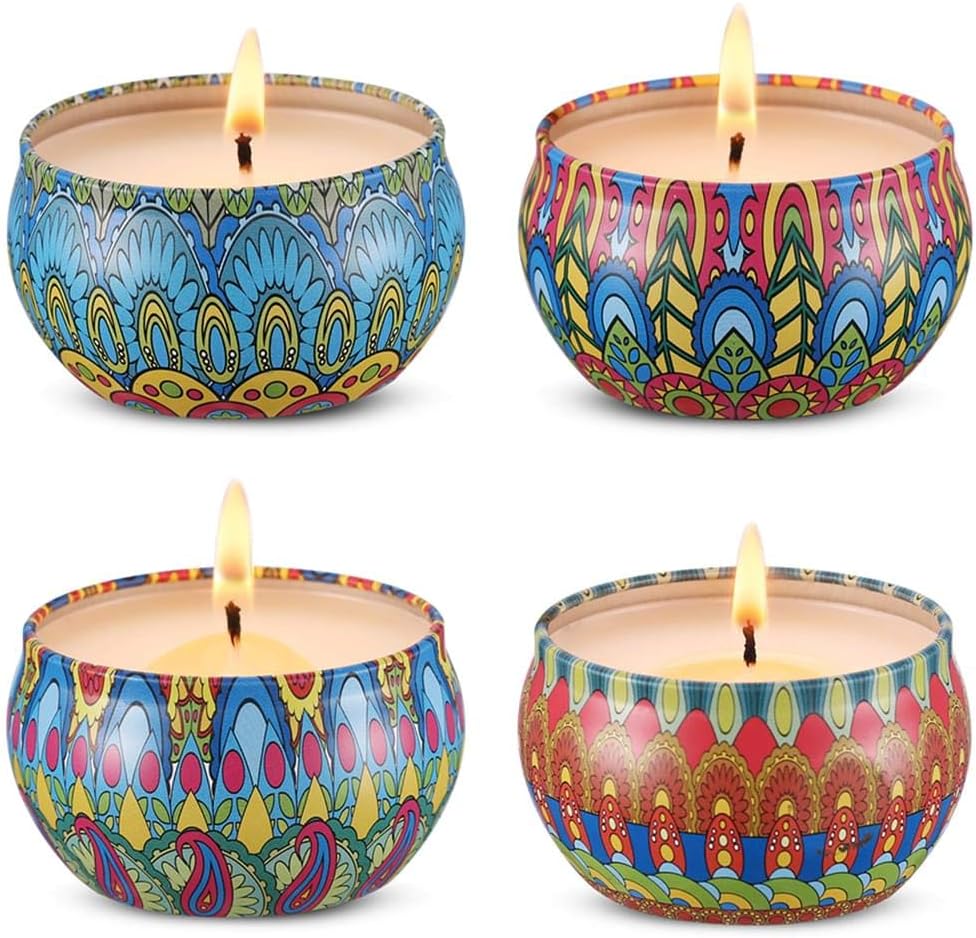 Floral Scented Candle 2.4oz of Jasmine, Lilac, Gardenia and Lily Gift Set - Stress Relief Fragrances, Healthy Soy Wax, Smokless Cotton Wick, Portable Travel Tin, 10H Up Burning Time