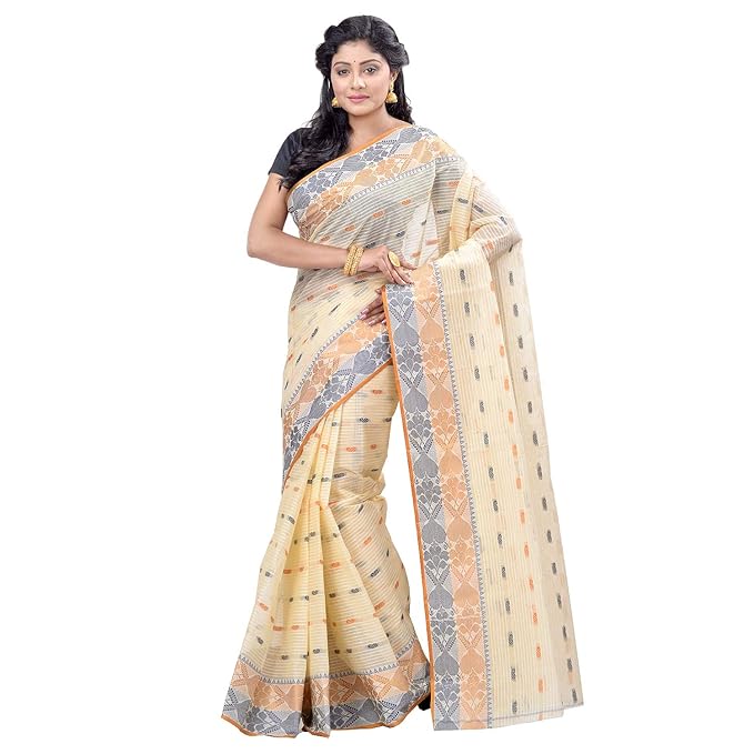 Women's Tant Cotton Saree (DBSARE0505WOBRW14_White & Blue & Gold)
